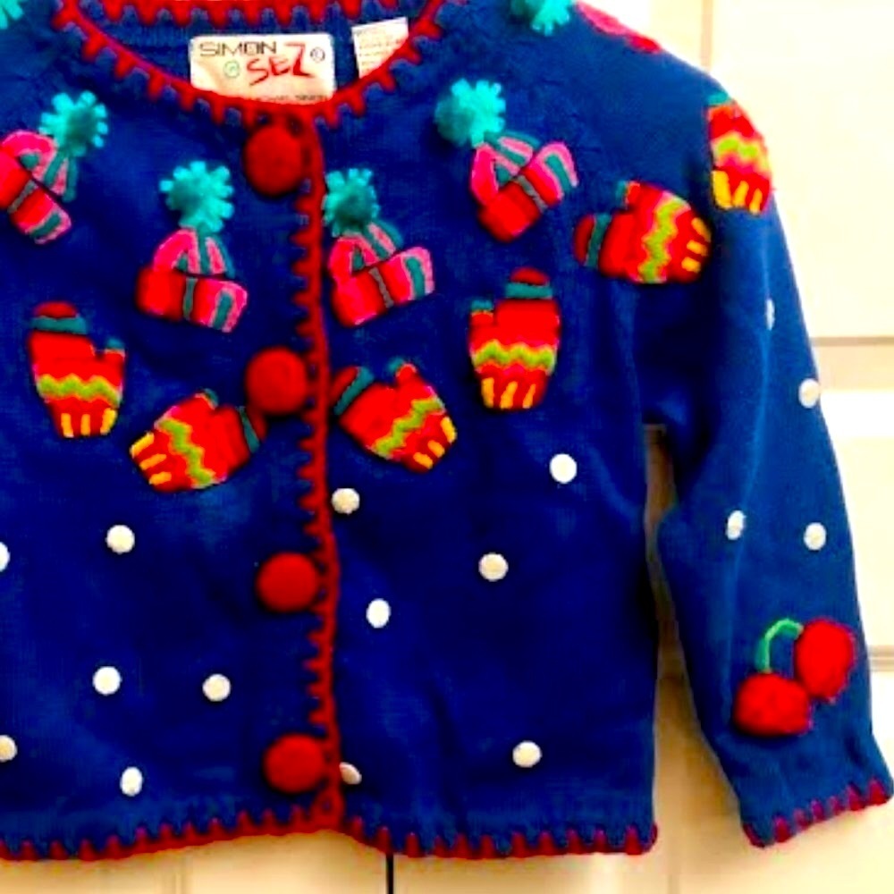 Rare 1994 Girls MICHAEL SIMON Simon Sez Let it Snow Blue Cardigan Sweater 6X - Picture 3 of 7